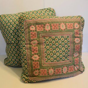 Pair of Vintage Souleiado Green Floral Pillows